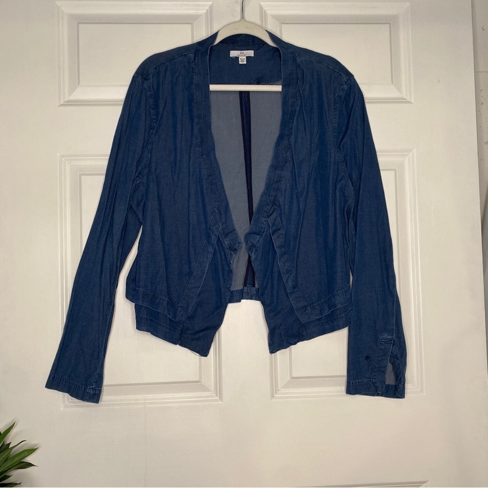 H Halston Chambray Denim Blue Open Front Light Jacket Size Juniors XL